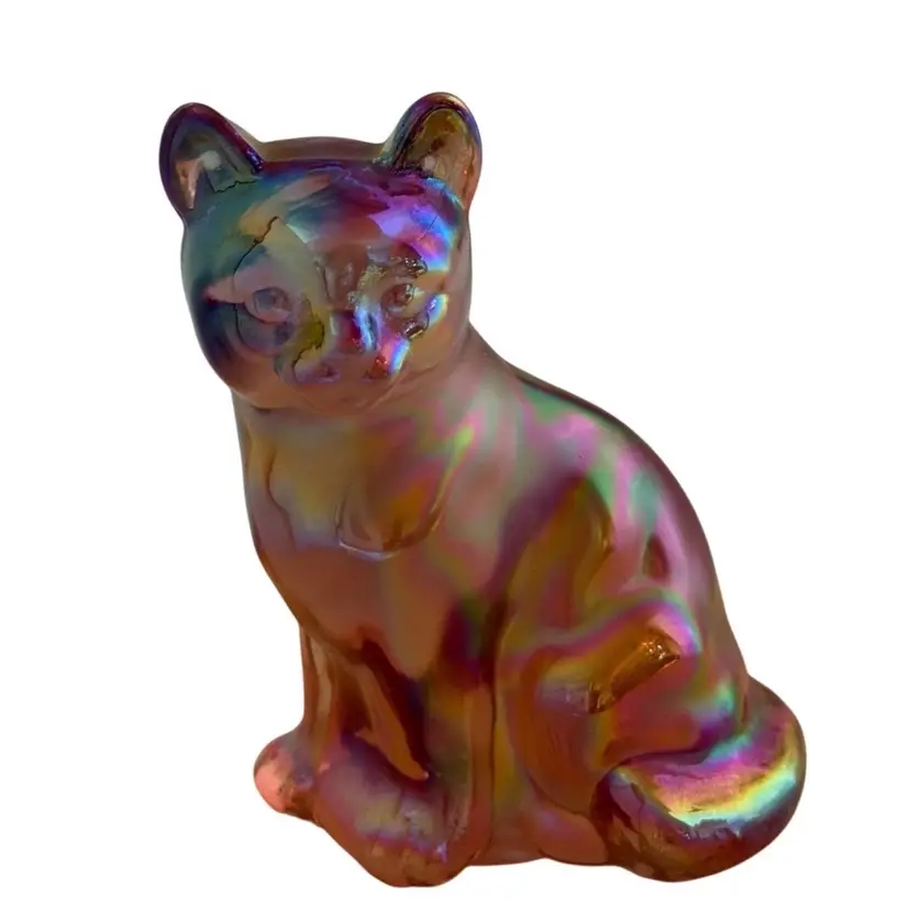 FENTON Cat Figurine Pink Carnival Glass 2019 Glow
4” T x 2-1/4 “ L x 2-1/4” W