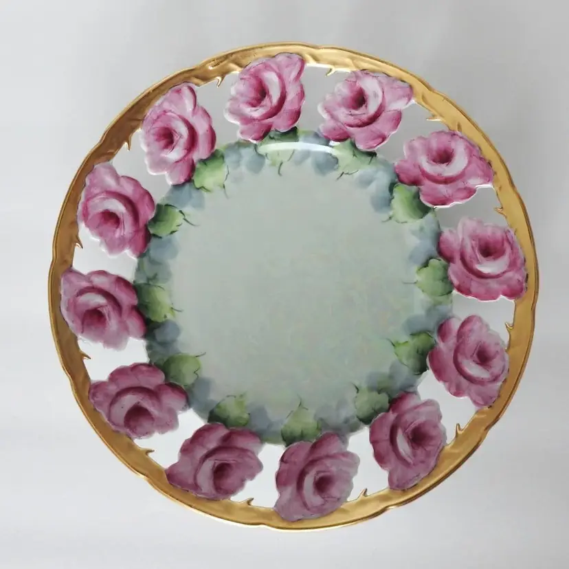 Mother of Pearl Green with Roses Floral Wall Plate Hand Painted by C. Durlinger Circa 1930s