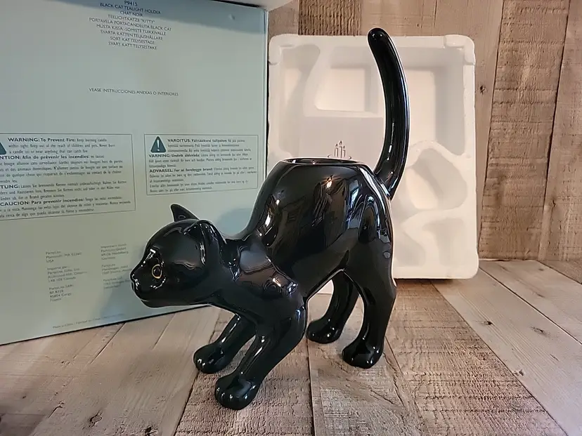 PartyLite Black Cat Tea Light Holder Glossy Halloween Box Candle Arched Back