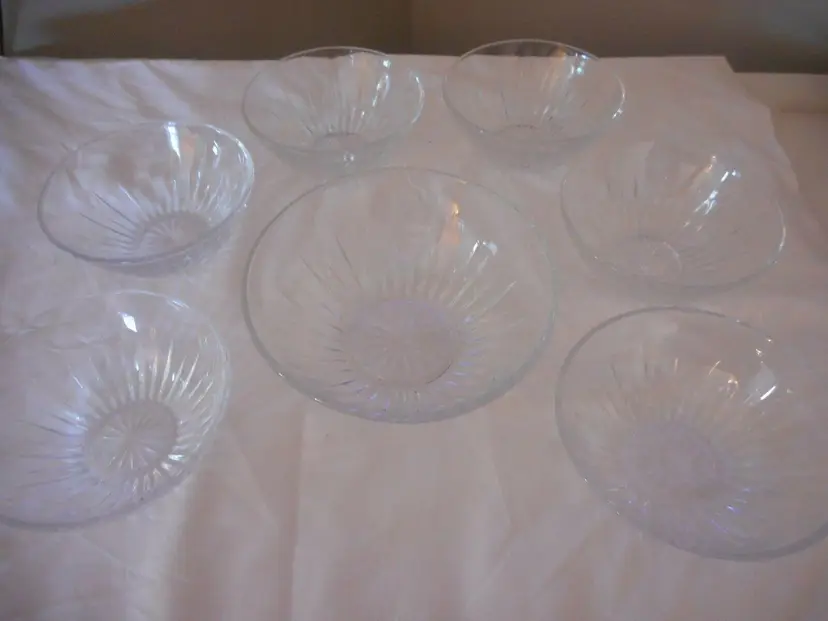 Vintage set of 7 Crystal (?) glass bowls cut or pressed clear glass