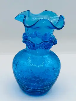 Art Studio Blue Crackle Glass Ruffle Edge Bud Vase with Wave Collar Accent 5.5in