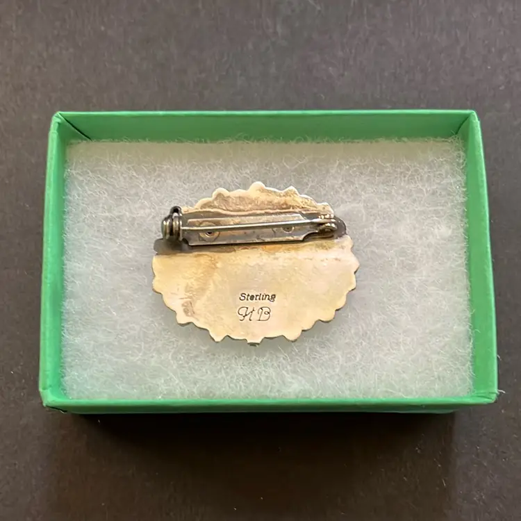 Turquoise Silver Oval Petit Point Brooch Pin Marked Sterling HB 