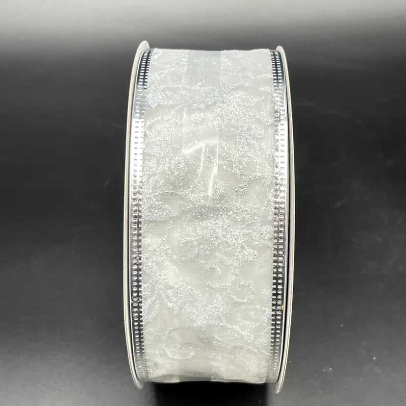 Wired Edge Ribbon 2" x 75' (25 yds) Metallic Glitter Silver Floral Swirl Pattern