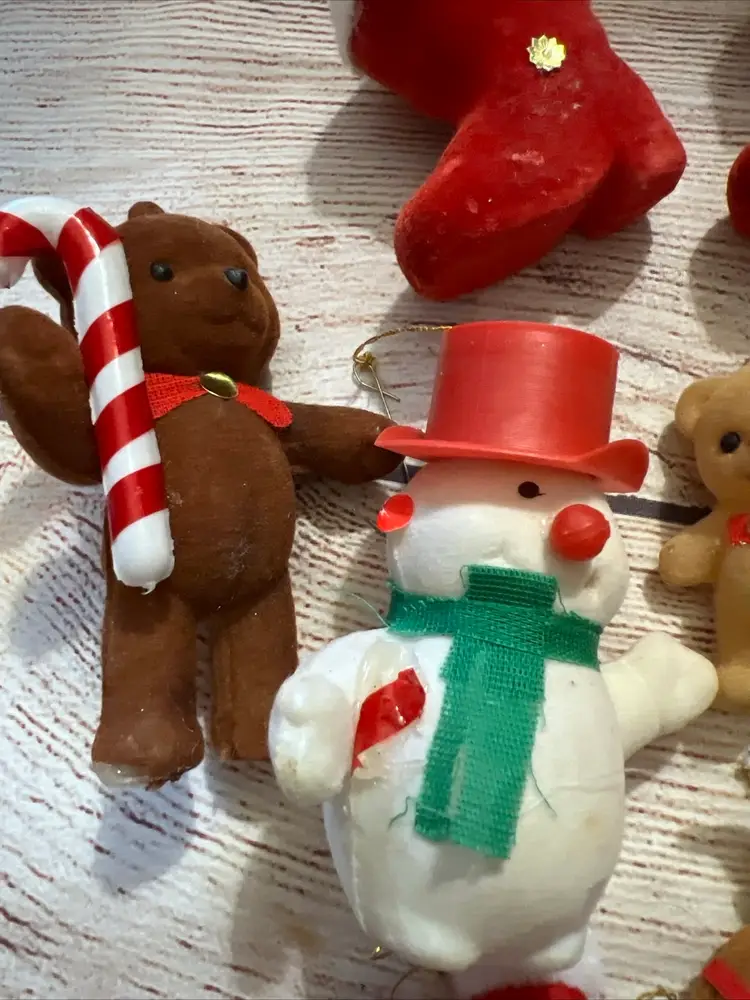 Vintage Lot 16 Flocked Christmas Ornaments Santas Boots Bears Mouse Horses 2-4”