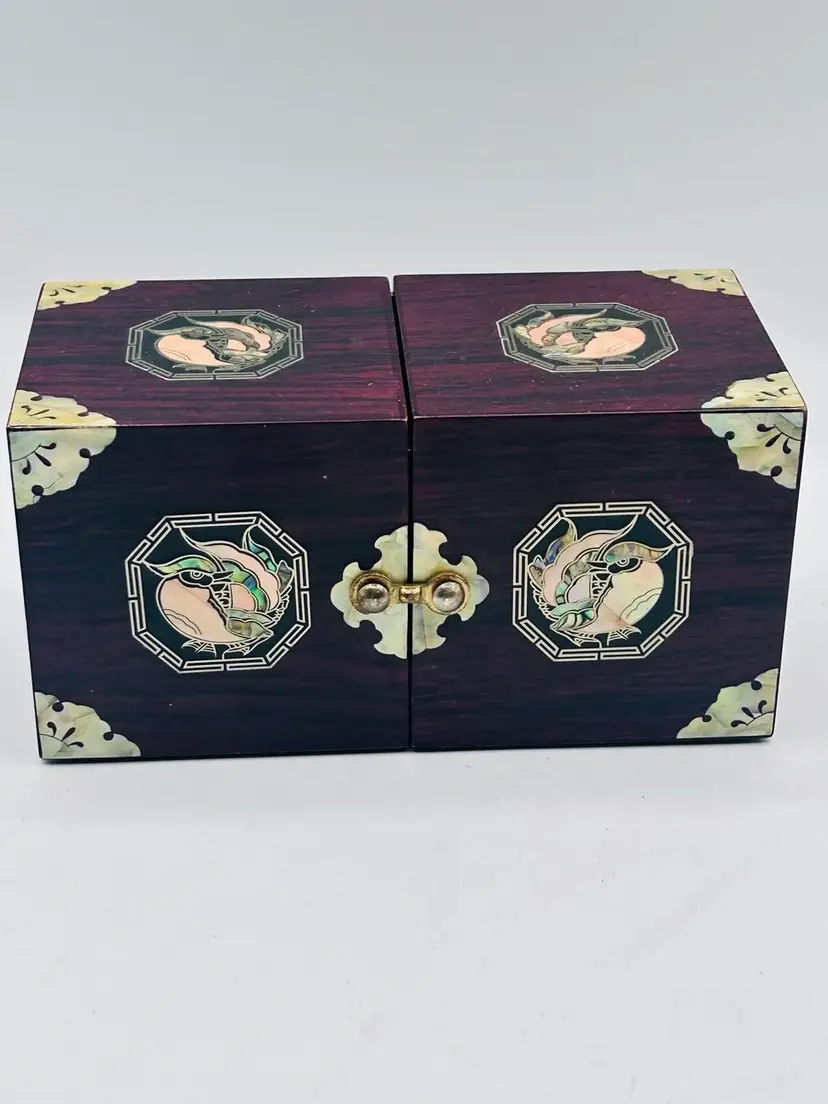 Jewelry Box Rosewood Inlaid Lacquer Mother of Pearl Trinket Folding 4 Drawers 6.5x3.5