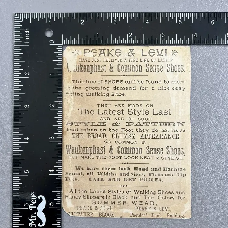 Victorian Trade Card Peake & Levi Shoe Dealer Crescent Moon Owls Birds Flowers Sunrise