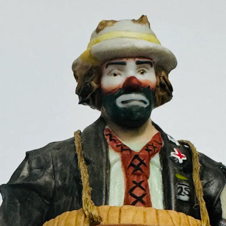 #1159 Flambro, Emmitt Kelly JR, “Over The Barrel” Porcelain Figurine Clown Collection