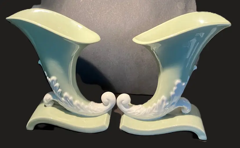 Vintage Green White Ceramic Cornecopia Horn-of-Plenty Vases Set of 2