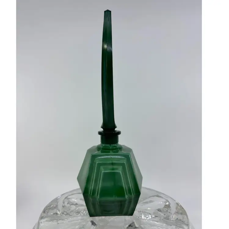 Vintage Art Deco Style Czech Glass Green Malachite Perfume Bottle W/ Stopper 7.75”