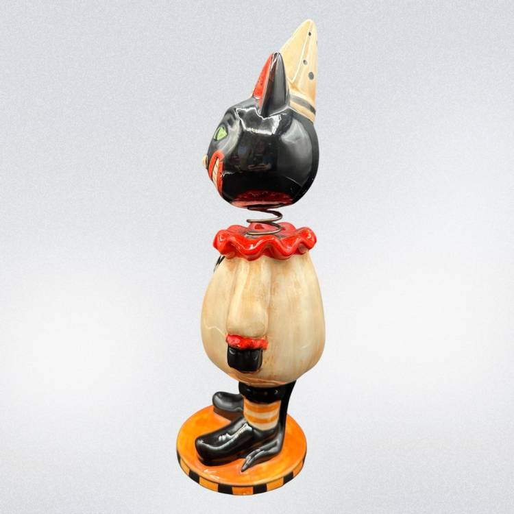 Halloween Retro Inspired Black Cat Jester Bobblehead Ceramic Figure 11”T 5.5”W Unmarked