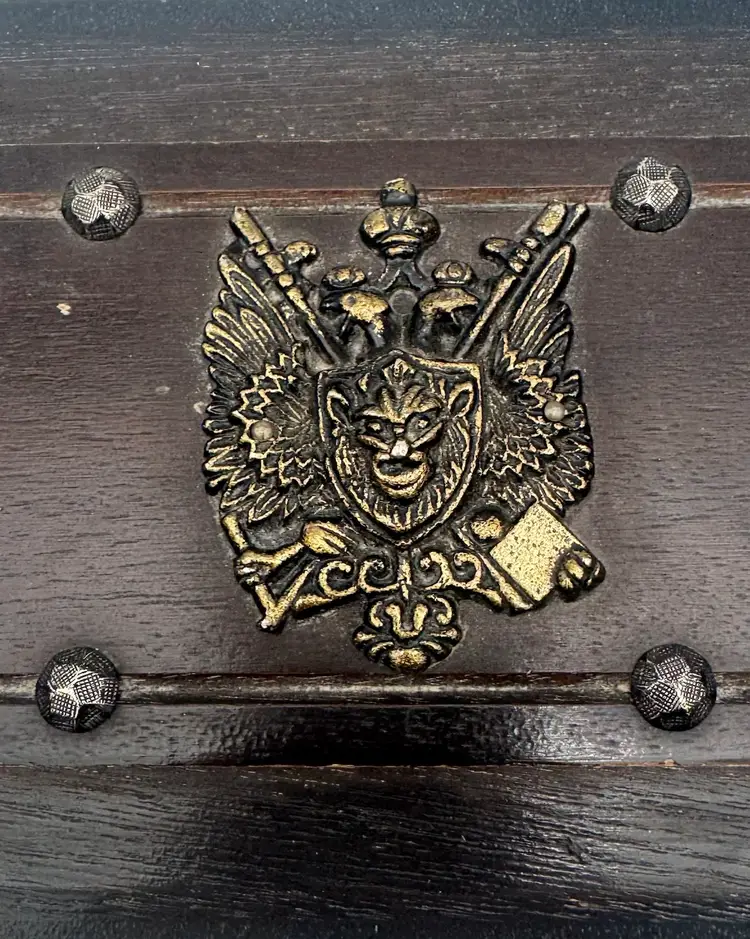 Vintage Wood Jewelry Box Lion’s Crest 8.5" Red Interior