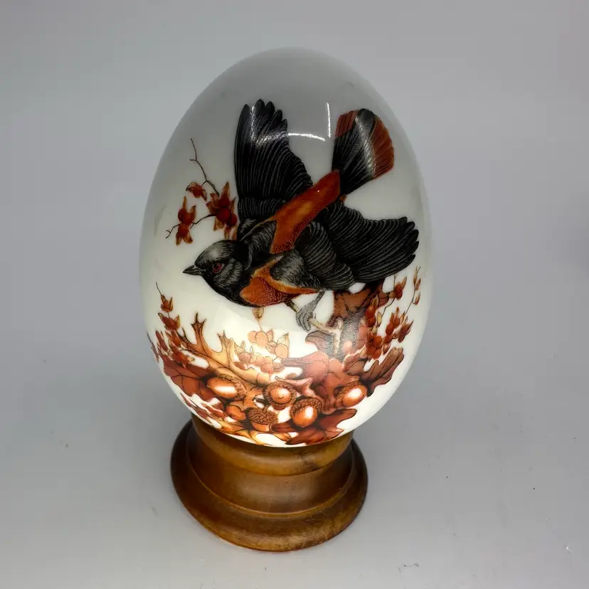 Porcelain Egg On Stand With A Bird On It “Autumn Brings Magic Changes”