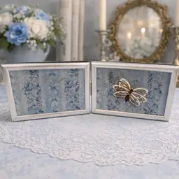 Fun Butterfly Brooch Displayed in Blue Vintaage Style Double Frame Removable and Wearable