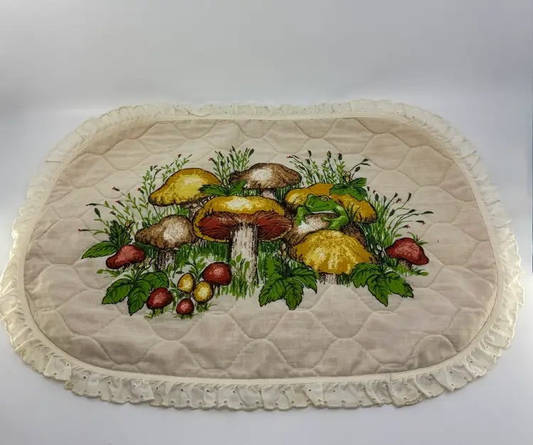 Vintage 70s Mushroom Decor Lot: Hallmark, Arla Alexander, Towel, Cloth Placemat