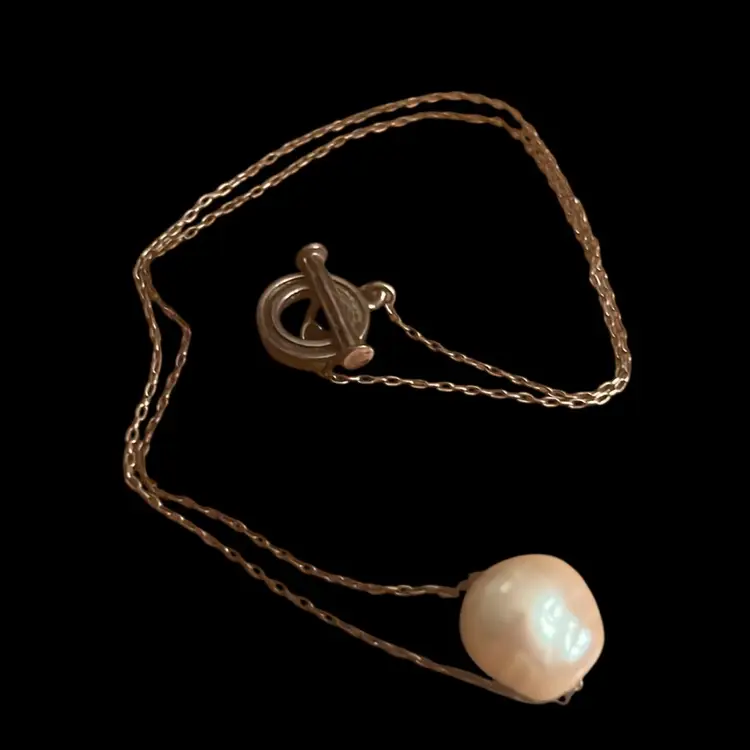 Baroque Floating Pearl 925 Chain Necklace - 16” w Bonus Vintage Box!