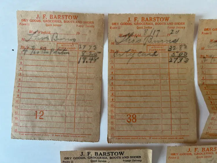 Antique General Store Receipts. 1920 JF Barstow Mercantile Dry Goods Groceries Ephemera. Winfield NY