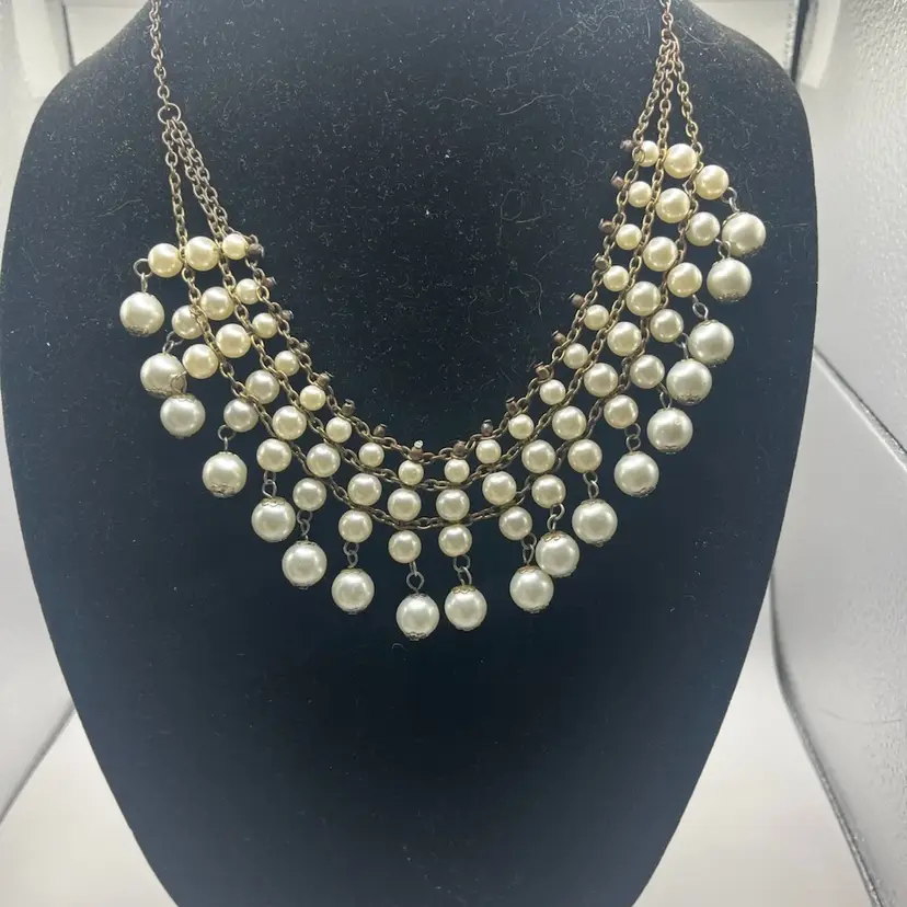 Faux Pearl Brass Tone Necklace