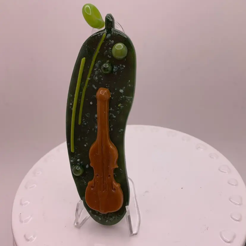 Made by Me! Fused Glass  Cello "In a Pickle" Ornament 3.25” Handcrafted Studio Art