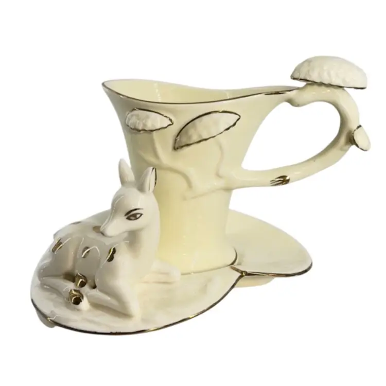 Cup & Saucer Set
Deer Figurine
Porcelain By Durant
Mushroom Motif Gold Trim
1960s
Christmas Holiday Hosting
Party Celebration Winter Gift
Thanksgiving Harvest Autumn