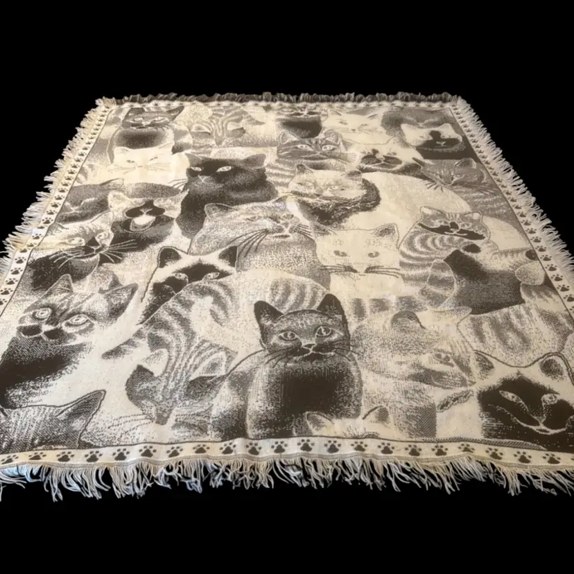 Kitty Cat Throw Blanket Black & White w/ Fringe Trim Edges 56” x 47” Cat Lovers