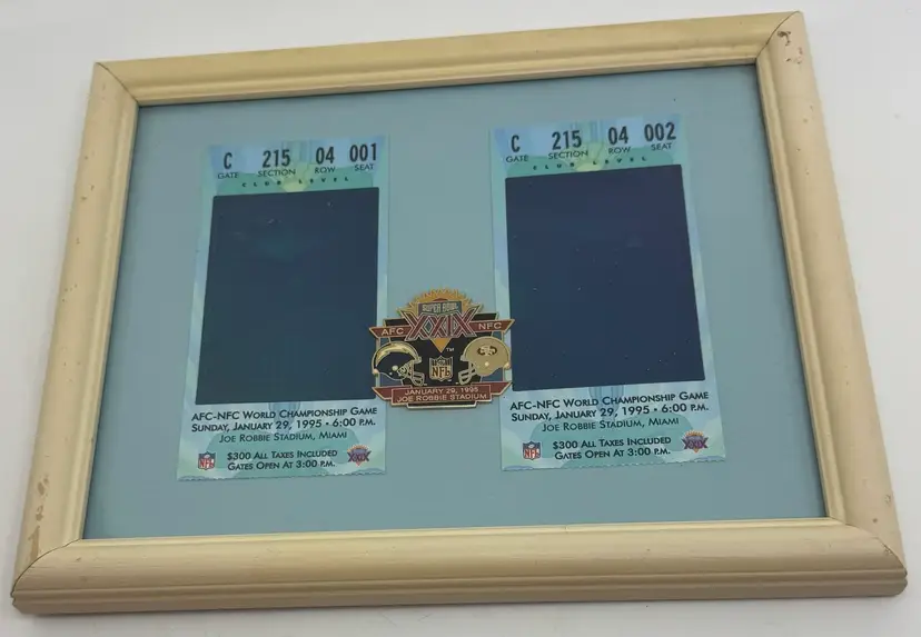 1995 Super Bowl XXIX Framed Ticket Stub Pair With Pin - 1995 49ers vs Chargers
