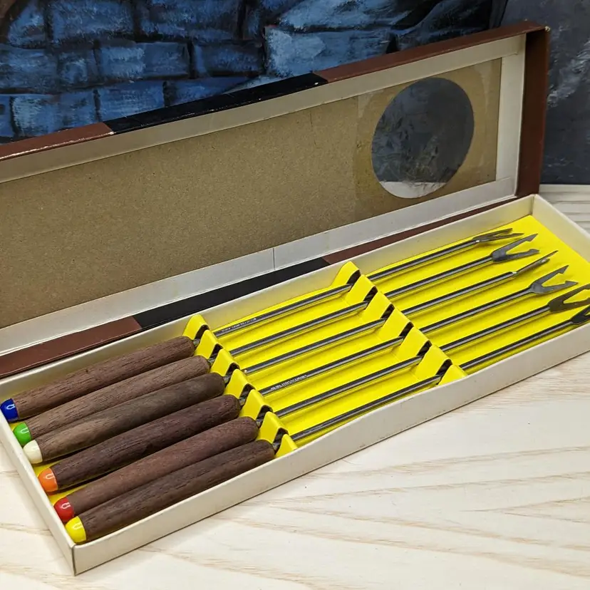 2 Sets 6 Piece Fondue Forks Stainless Steel Rose wood Colored Tips with Box Cheese party 60s