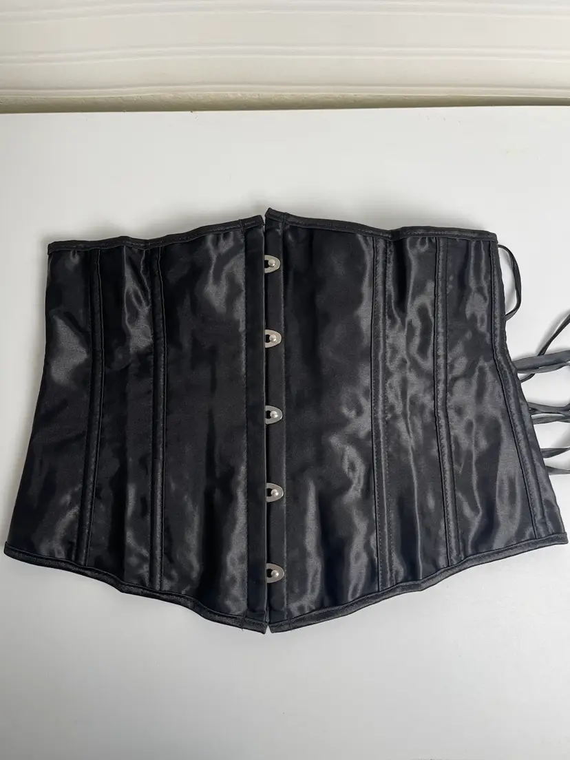 Women's Waist Corset Satin Black Ribbon Tie L Whymsygoth Vampire Moto Boho