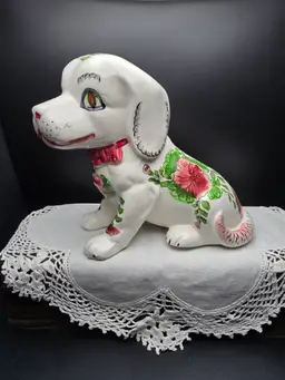 Vintage Porcelain Dog Figurine Hand-Painted with a Floral Pattern
