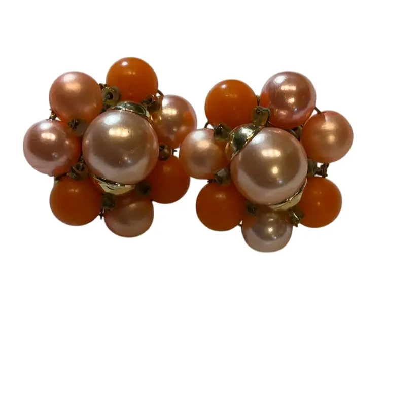 Faux pink Pearl And Coral Tone Bead Clip On Earrings