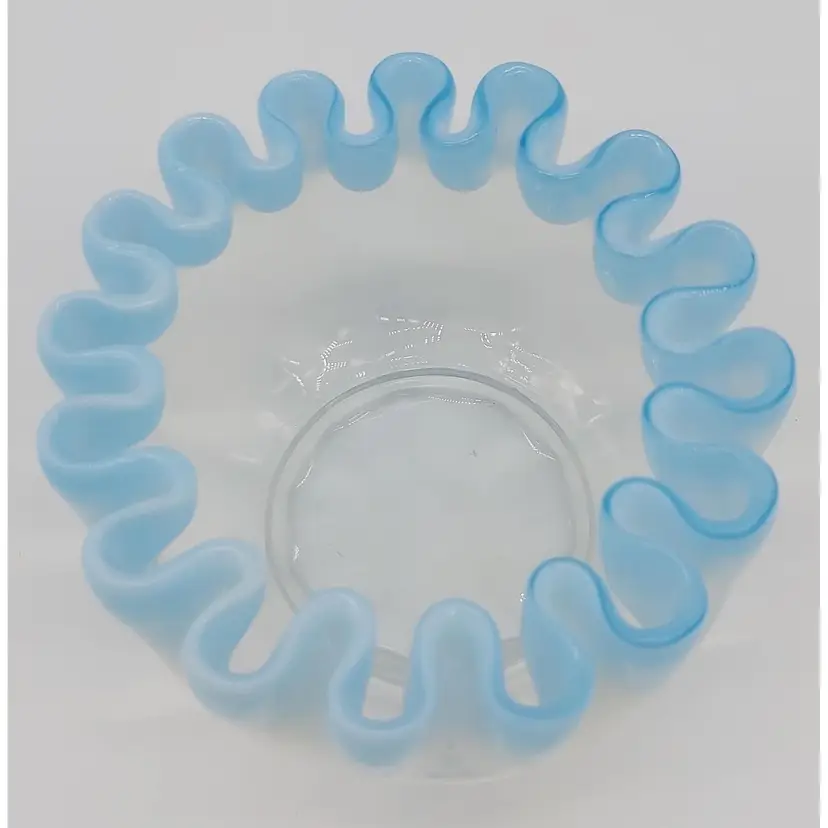 Blue Opalescent Crimped Edge Rose Bowl