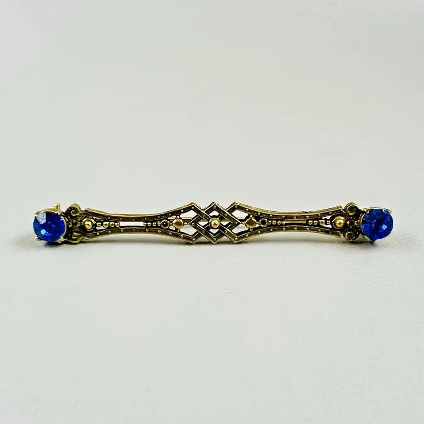 Vintage Art Deco Style Filigree Gold Tone Brooch Collar Pin 2 Blue Rhinestones 2.75"