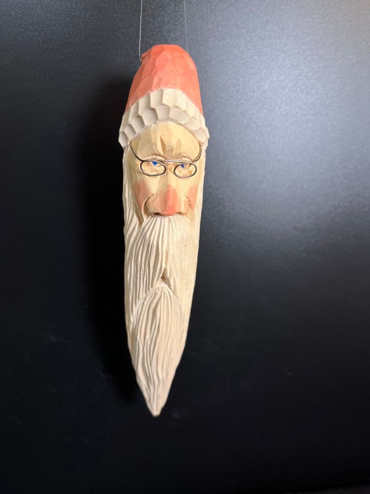 Folk Art Wood Carved & Hand Painted Santa Claus Head, Complete w/ Wire Rimmed Glasses-Ornament-Lot 60