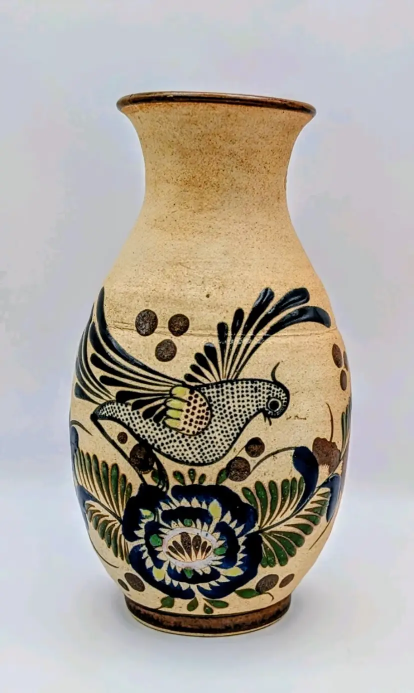 Vintage Mexican Pottery Vase 8" Hand Painted Bird Floral Tonala Style Folk Art