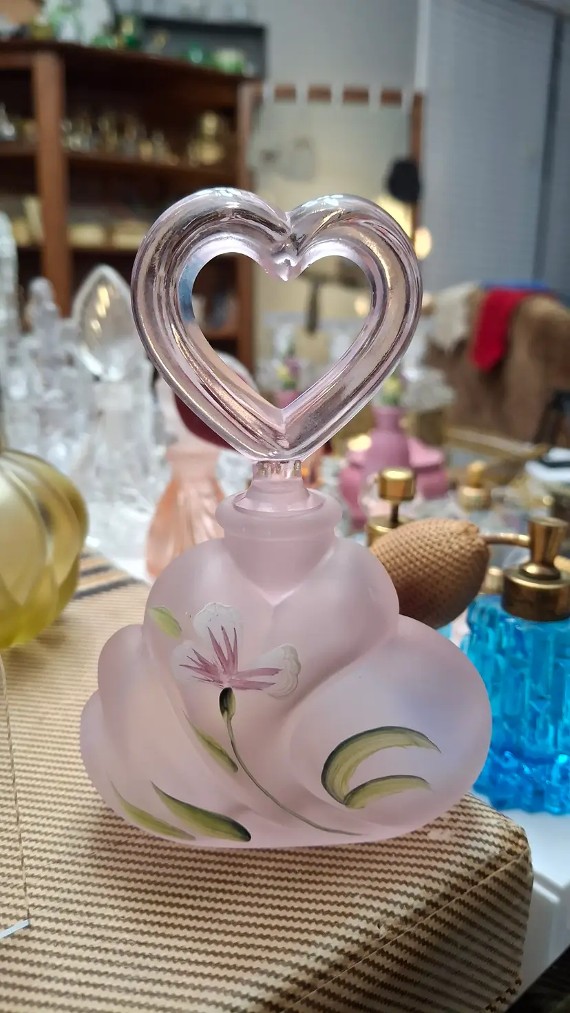 111 Fenton Pink Satin Glass Perfume Bottle w/ Hand Painted Floral & Heart Stopper
