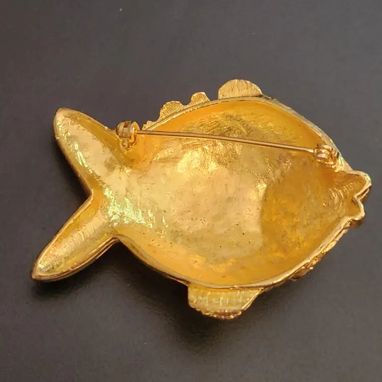 Funky Retro Fish Pin Bright Gold w Red Crystal / Rhinestone SPARKLES Brooch Weirdo Kitsch VTG Costume Estate Jewelry