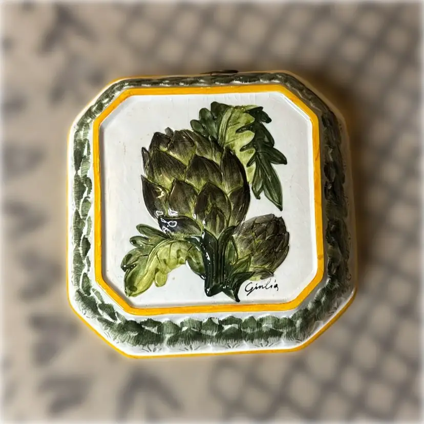 Italian Hand-Signed and Hand-Painted Artichoke Wall Hanging - 8.25” long, 8.25” wide, and 2.5” tall
