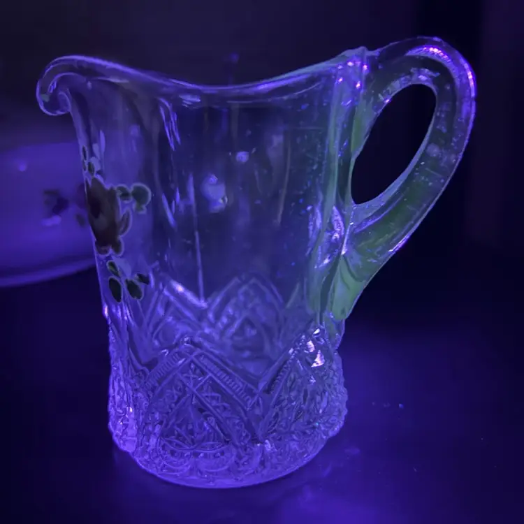 EAPG Glass Creamer Heart Band With Flower Slight Glow