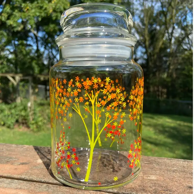 Anchor Hocking, Floral, Glass, Bubble-Top Jar, 5.5”h (6.75”h with Lid). Plastic On Lid Stamped With Anchor Hocking Logo.