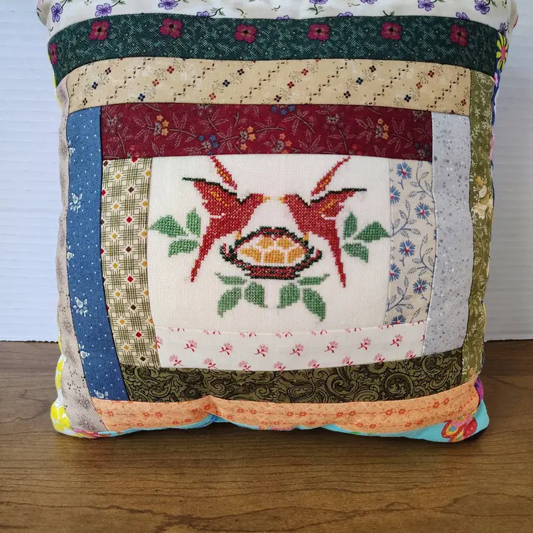 Vintage Handmade Quilted Pillow Cross Stitch Birds Log Cabin Pattern