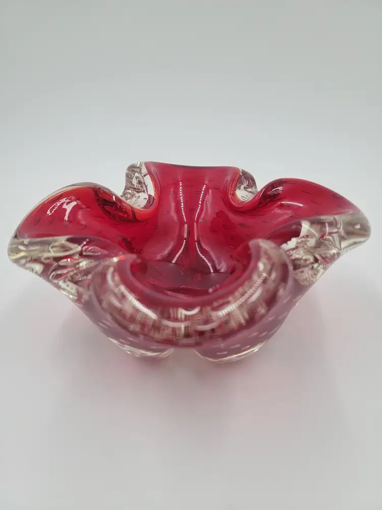 #02 Vintage Ruby Red Art Glass Ashtray with Clear Bubble Accents