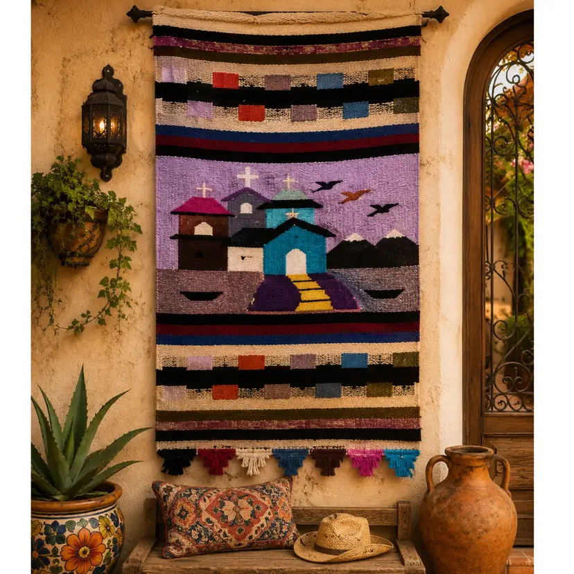 Vintage Hand Hooked Southwestern Village Wall Hanging Folk Art Textile Tapestry 47x27