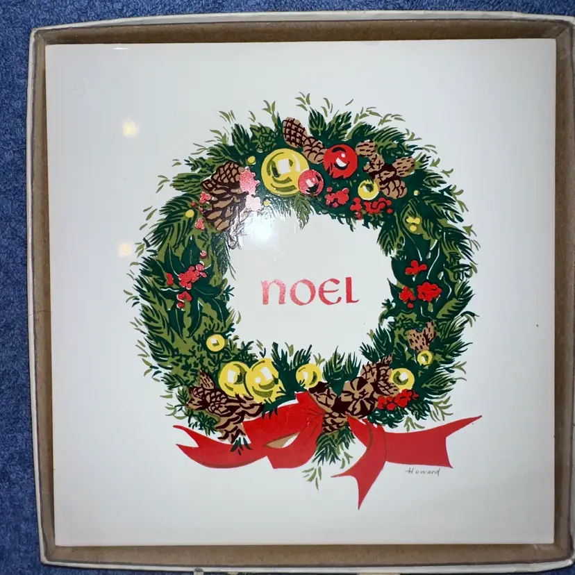 NOS Vintage 1980s Jeweled Cross Noel Christmas Wreath Print Tile Trivet Howard