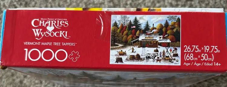 1000 Pc Charles Wysocki Jigsaw Puzzle”Vermont Maple Tree Tappers” 26.75”x 19.75”