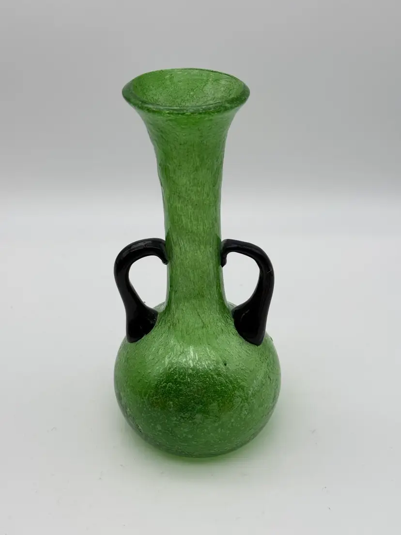 Vintage Green Art Glass Vase Hand Blown with Applied Black Handles