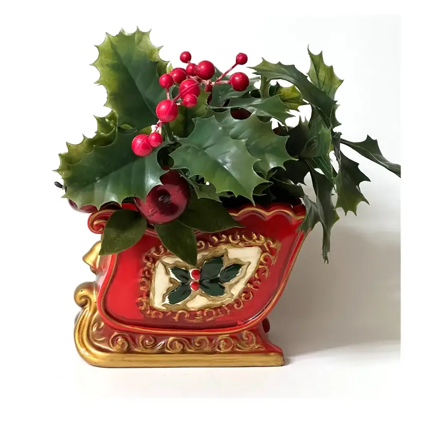Rubens Pottery Ceramic Red Christmas Santa's Sleigh Plastic Holly Leaves & Apples Japan