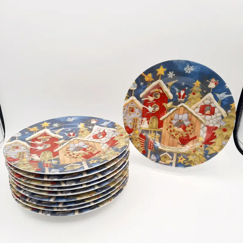 Christmas Birdhouse Plates Debbie Hron 2006 Holiday Home Set of 10