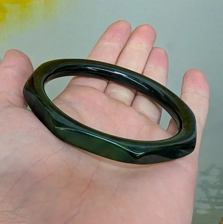 Vintage Bakelite Octagon Geometric Marbled Forest Dark Green Bangle Bracelet