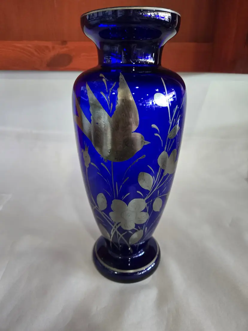 Vintage Czech Cobalt Blue & Silver Hand Painted Vase