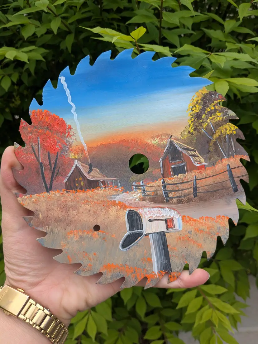 Metal Art Hand Painted 7 inch saw blade folk art Farmhouse barn Country decor