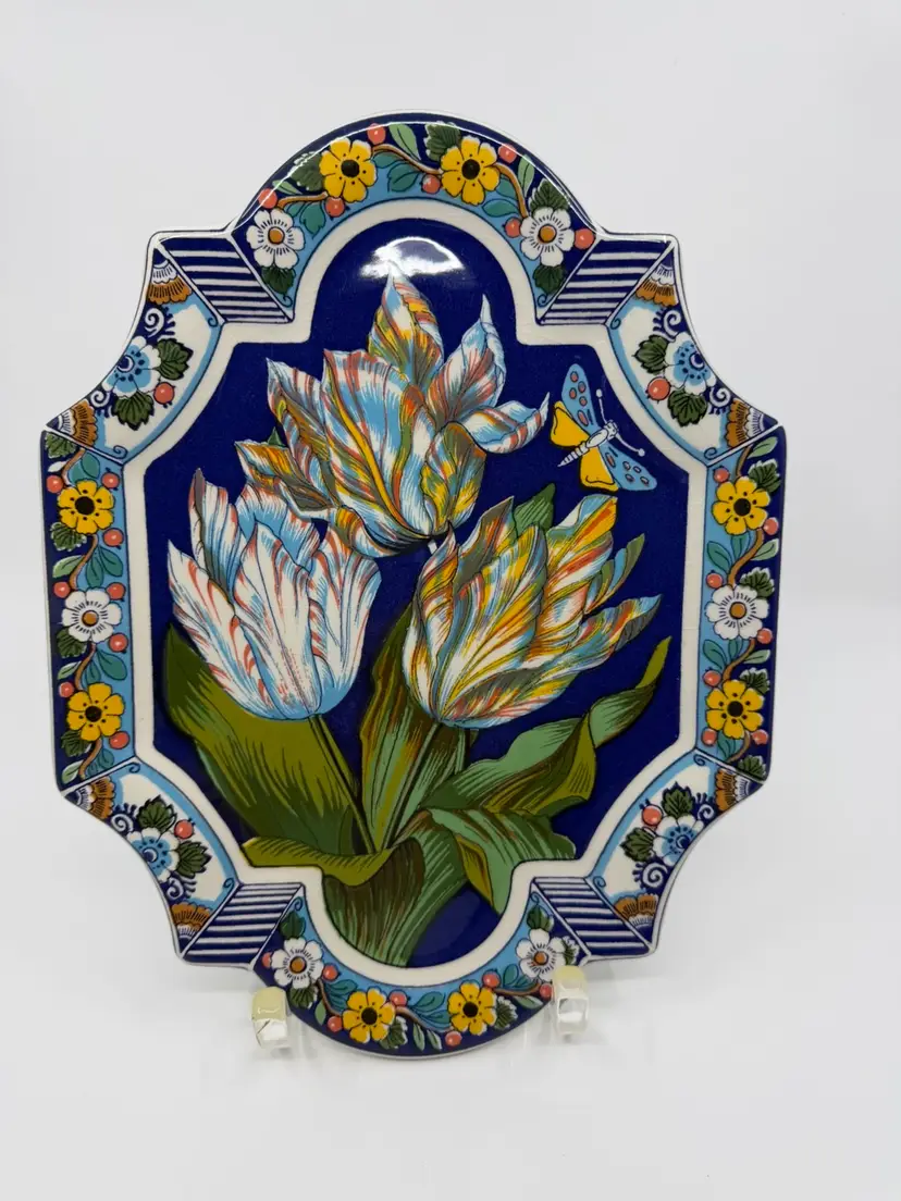 Vintage Delfts Jasmijn Holland Ceramic Wall Tray Tulips&butterfly